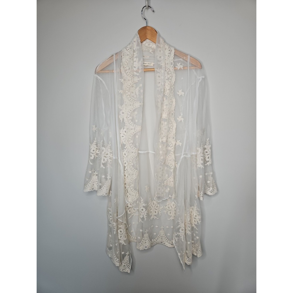 Indigo Soul Mesh Embroidered Crochet Cardigan L Ivory Boho Western Coverup Rodeo - Picture 2 of 14